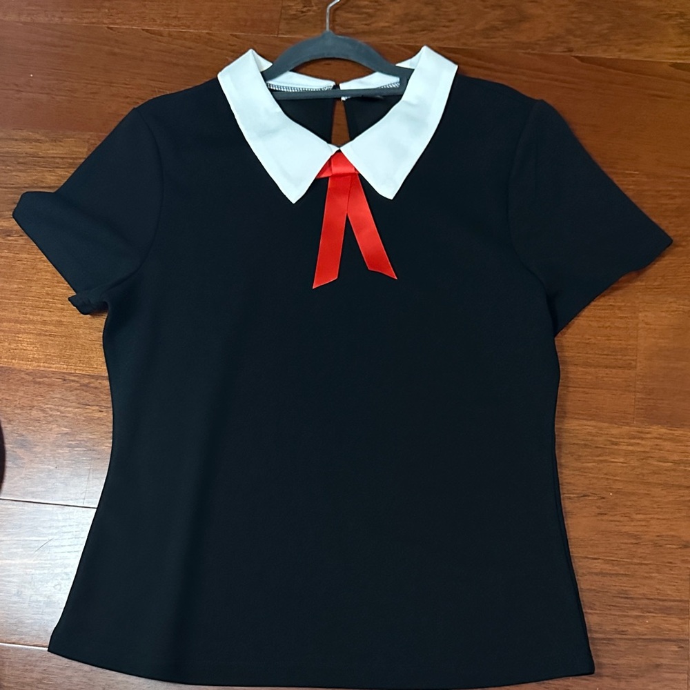 Elegant Black Top with White Collar and Red Bow, size large, NWOT
